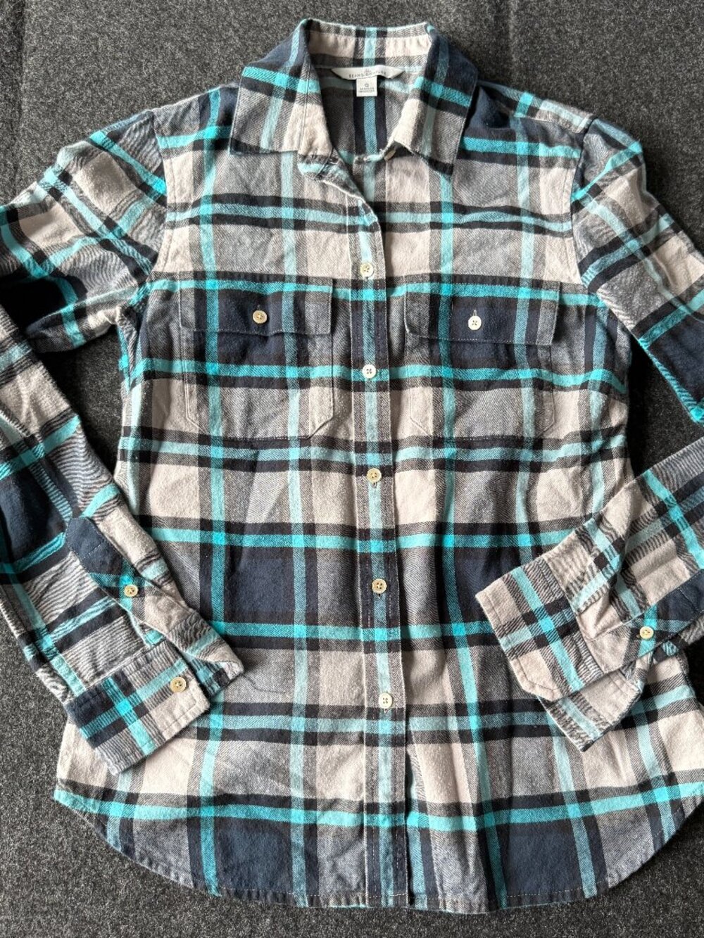 L.L.Bean Signature Gray Blue Plaid Flannel Size 0